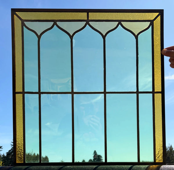 43" Tall Pair of Antique French Stained Glass Window Panels Green & Yellow Glass