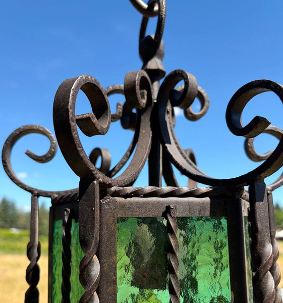 20" Tall Vintage French Iron and Stained Glass Hanging Chandelier/Pendant Lamp
