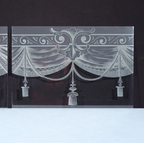 19" Wide Pair of Antique French Etched Glass Windows With Curtains and Tassels