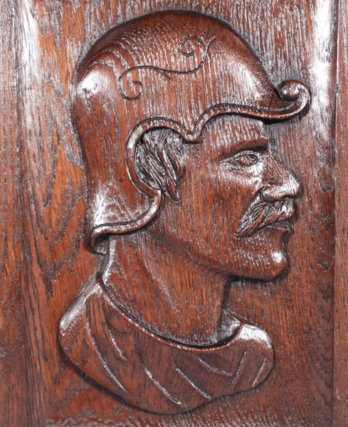 12" Tall Antique French Solid Oak Wood Hand Carved Portrait Profile of a Man