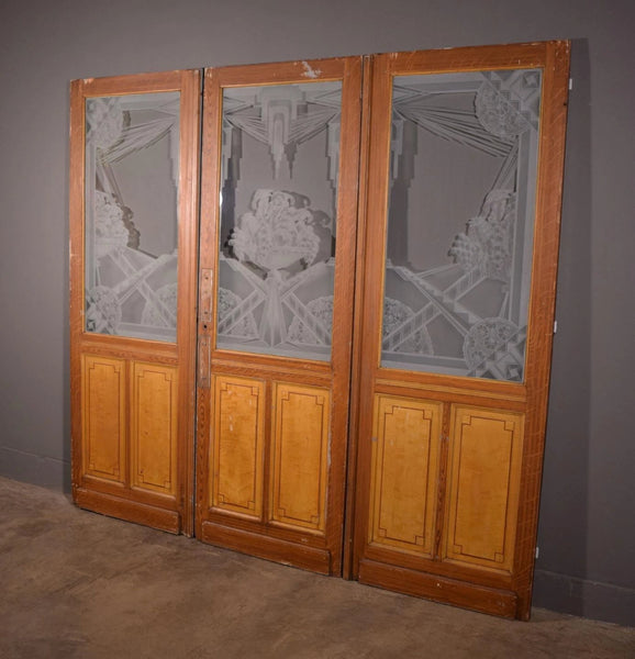 Set Antique French Art Deco Etched Glass Doors Frosted Glass with Pine Frames