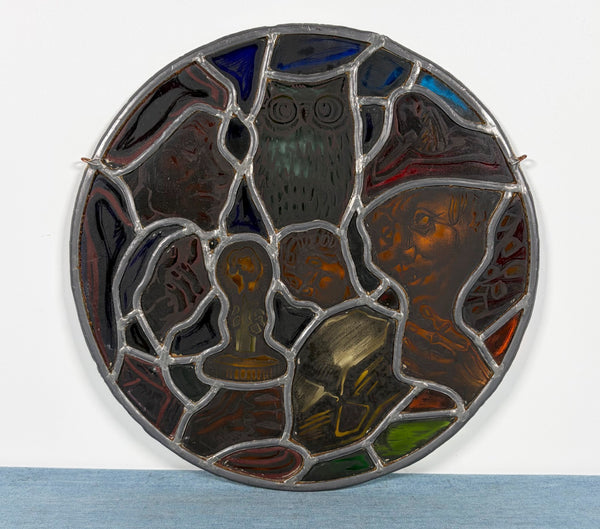 11" Round Vintage Belgian Stained/Leaded Glass Panel with an Owl and Figures