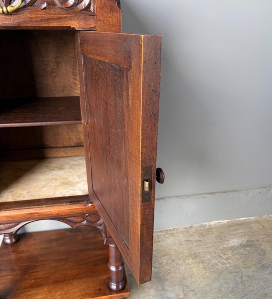 Antique French Gothic Solid Walnut Night Stand/Cabinet With Detailed Carvings