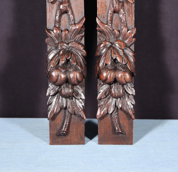 26" Pair of French Antique Solid Oak Wood Highly Carved Wood Lion Trim Posts