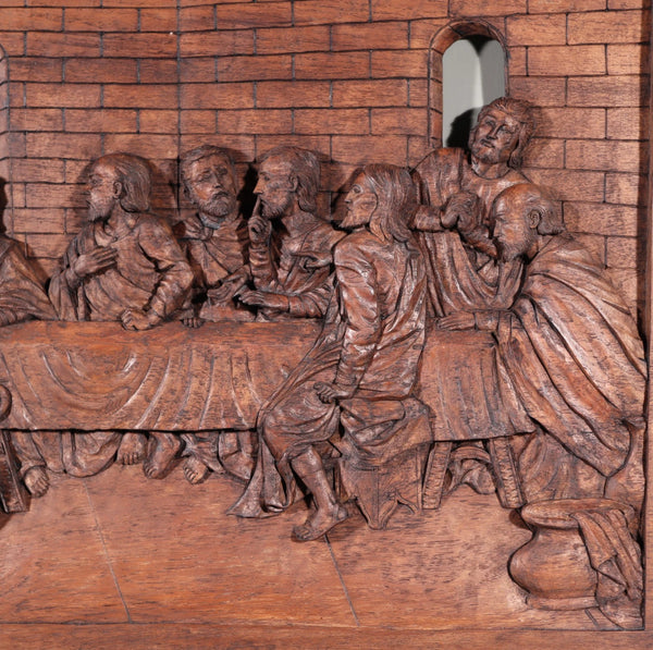 Large Vintage Highly Carved Panel of Jesus and 12 Disciples "The Last Supper"