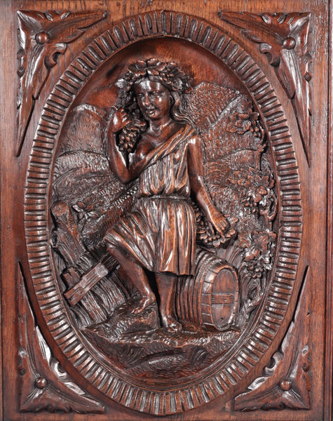 24" Tall Antique French Solid Oak Panel Highly Carved Harvest Theme w/Woman