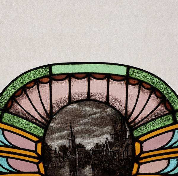 36" Wide Antique French Art Deco Stained Glass Panel of Bruges w/Copper Frame