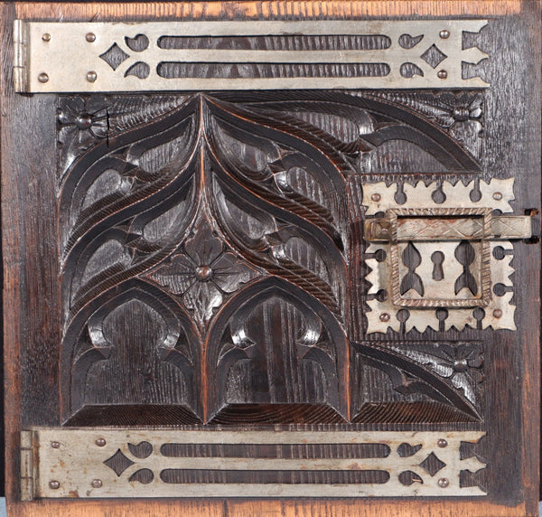 Antique French Solid Chestnut Wood Carved Gothic Door w/Faux Hinges and Latch
