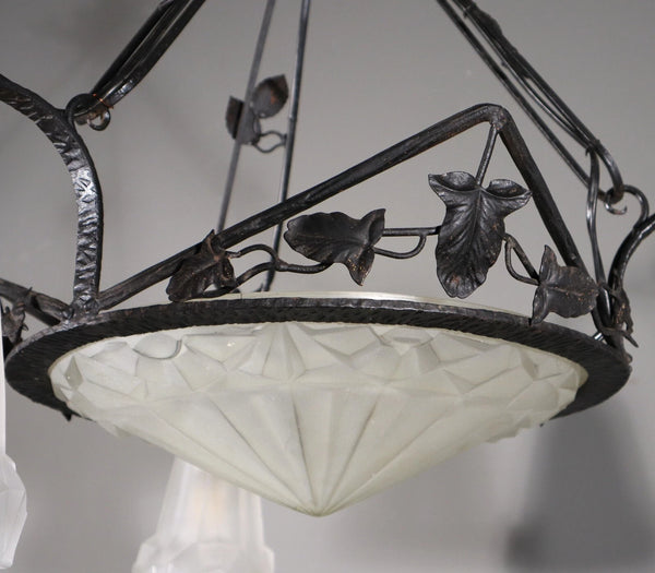 Antique French Art Deco Chandelier with Frosted Glass and Iron Signed by Degué