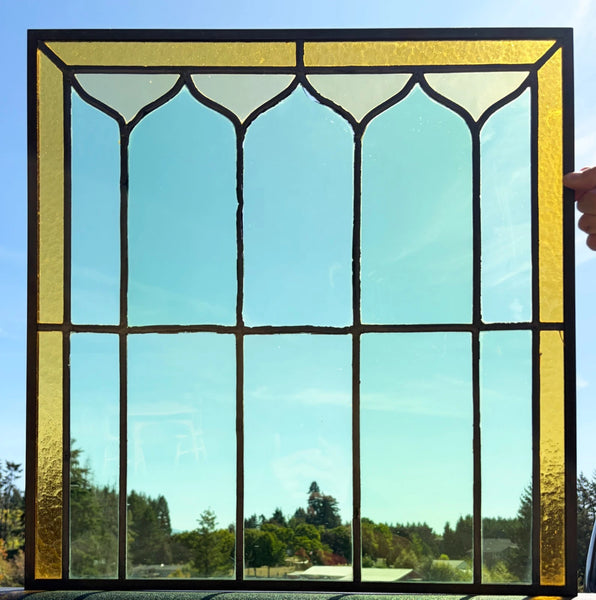 43" Tall Pair of Antique French Stained Glass Window Panels Green & Yellow Glass