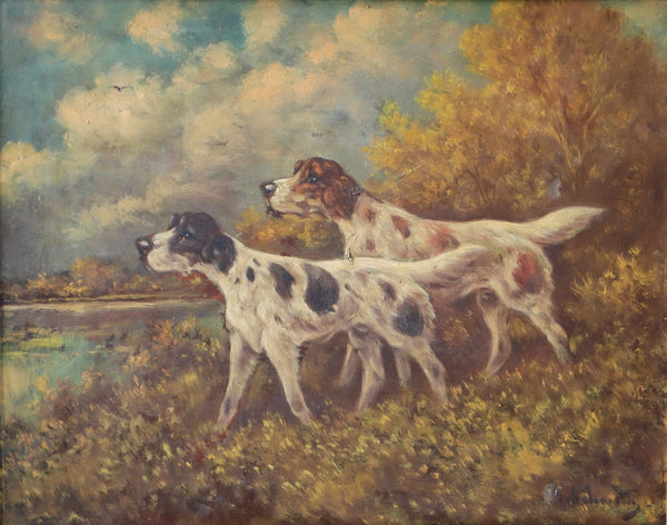 Antique Oil on Panel Painting of Two Hunting Dogs by P. Schouten (1860-1922)