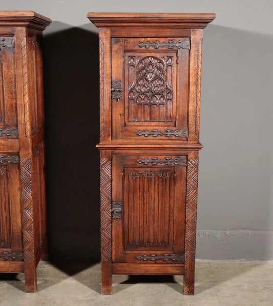50" Tall Pair of Vintage French Solid Oak Wood Highly Carved Gothic Cabinets
