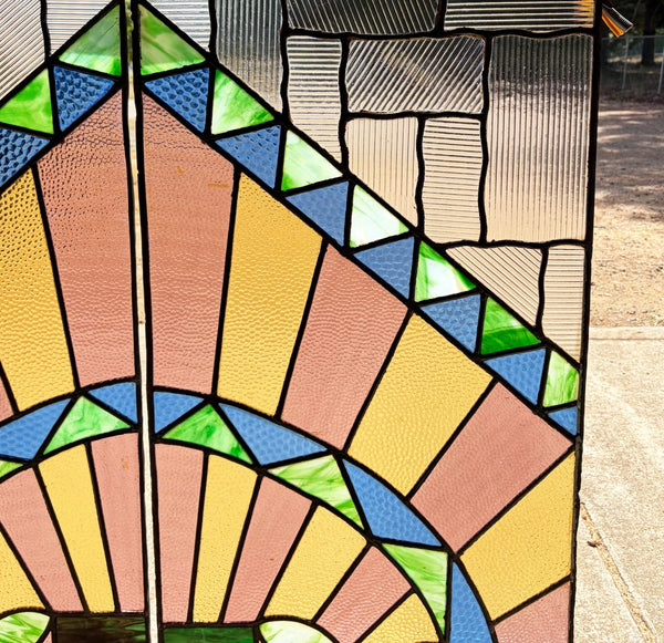 43" Tall Pair of Antique French Art Deco Stained Glass Window Panels