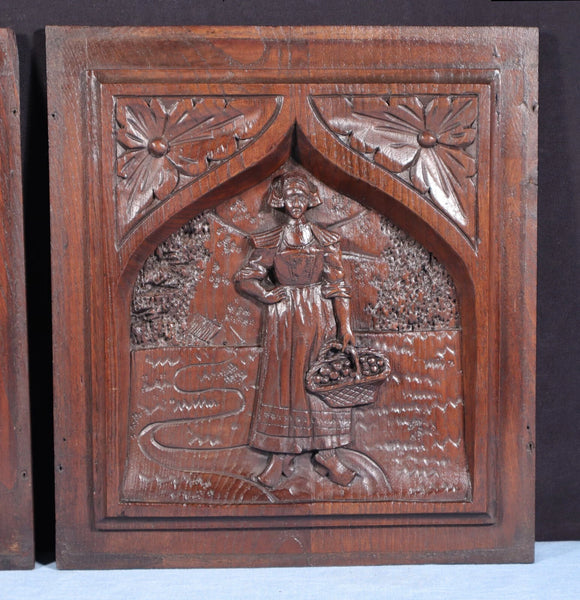 Pair of French Antique Highly Carved Breton Panels in Solid Chestnut Wood