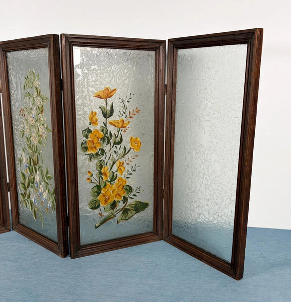 21" Tall Antique French Hand Painted Folding Glass Screen with Flowers