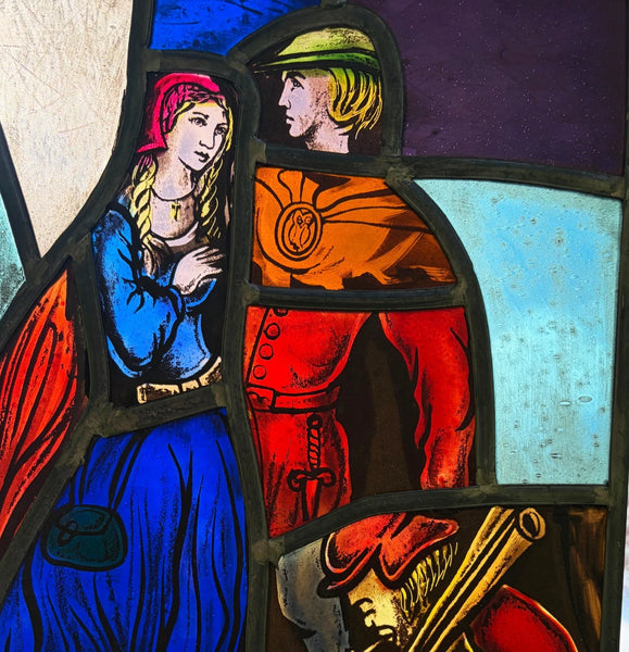 15" Tall Vintage Belgian/Flanders Stained/Leaded Glass Panel of Thyl and Nele