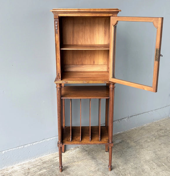 French Antique Narrow Walnut Bookcase/Display Case with Locking Door