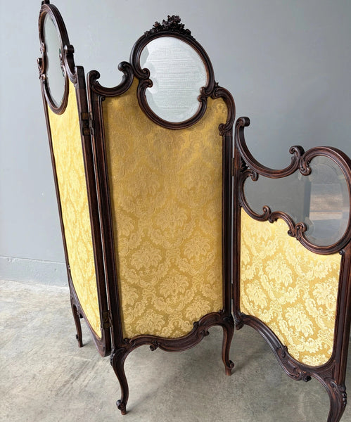 61" Tall Antique French Louis XV Rococo Tri-Fold Screen with Beveled Glass