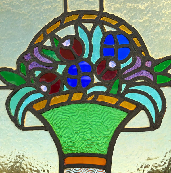 15" Tall Antique French Art Deco Stained/Leaded Glass Panel of Flowers