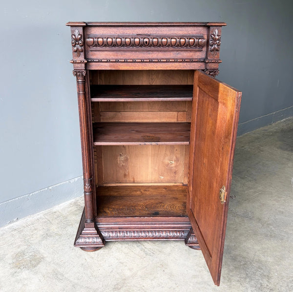 French Antique Solid Oak Wood Cabinet with Highly Carved Virgin Mary Door