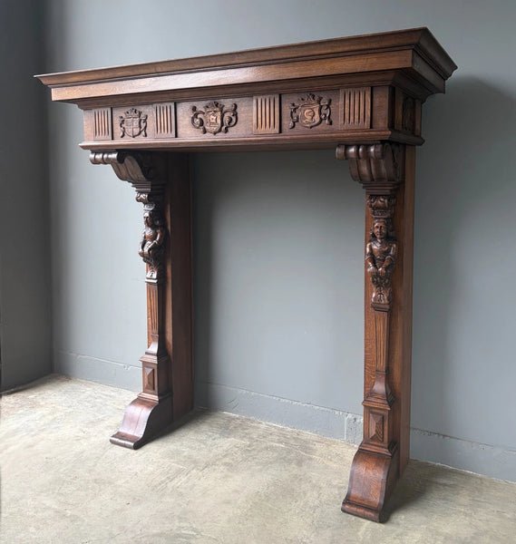 82" Large Vintage Renaissance Revival Oak Fireplace Surround/Mantel w/Figures