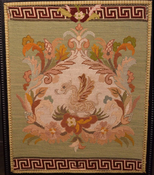 French Antique Fireplace Screen with Needlepoint Griffin/Carved Walnut Frame