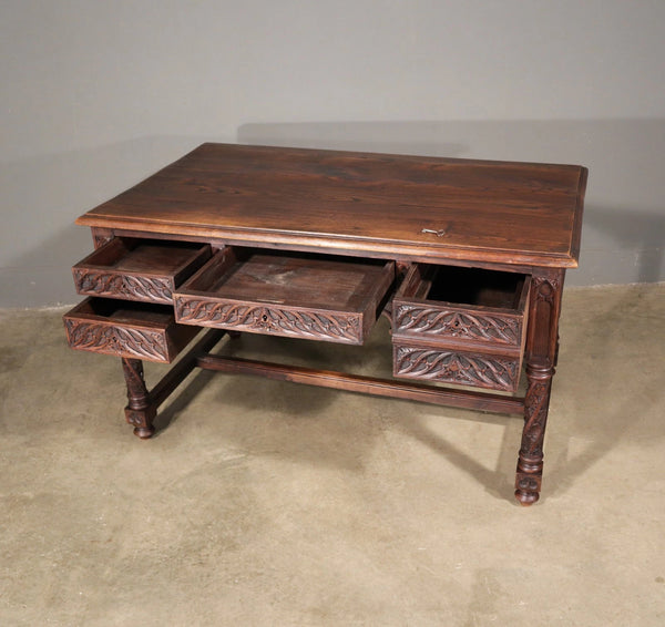 French Antique Gothic Revival Desk with Chair in Solid Carved Chestnut Wood