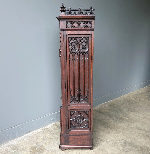 67" Tall French Antique Gothic Cabinet in Solid Oak Highly Carved Wood