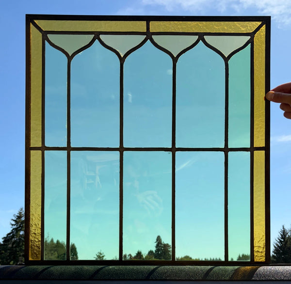43" Tall Pair of Antique French Stained Glass Window Panels Green & Yellow Glass