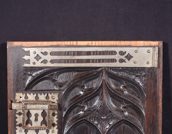 Antique French Solid Chestnut Wood Carved Gothic Door w/Faux Hinges and Latch
