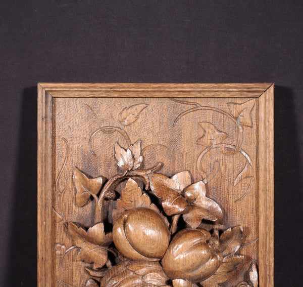 14" Tall French Antique Solid Oak Panel Highly Carved Harvest Theme