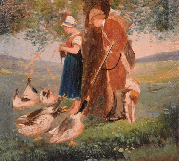 9" Tall Antique Framed Oil on Panel Painting of a Couple Feeding the Geese