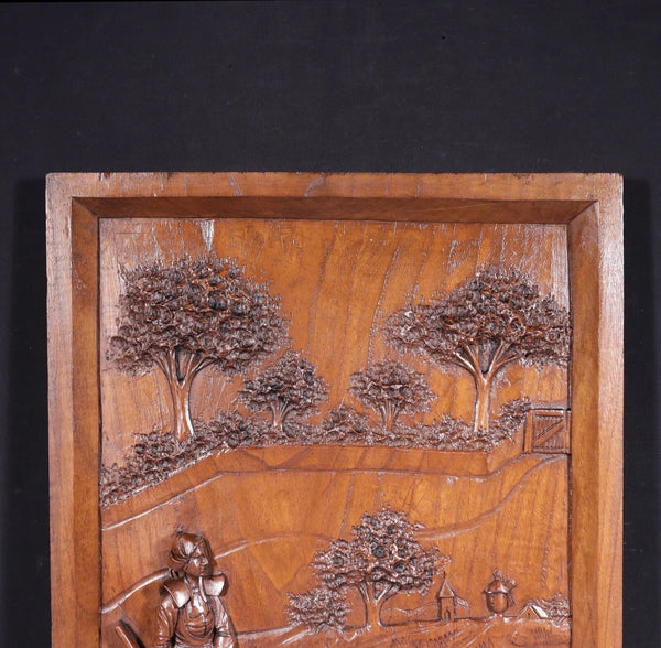 25" Tall Antique French Highly Carved Breton Panel in Solid Chestnut Wood