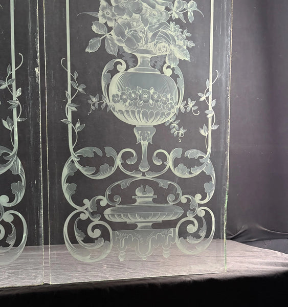 47" Tall Pair of Antique French Etched Beveled Glass Windows Frosted Glass