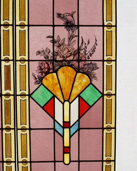 69" Pair of Vintage French Art Deco Stained Glass Windows w/Hand Painted Flowers