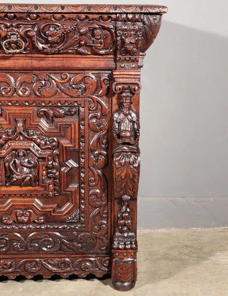 1700's Antique French Renaissance Sideboard in Solid Wood Oak Highly Carved