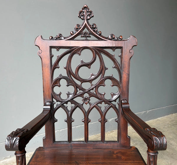 French Antique Gothic Revival Walnut Arm Chair Carved Wood Desk Chair