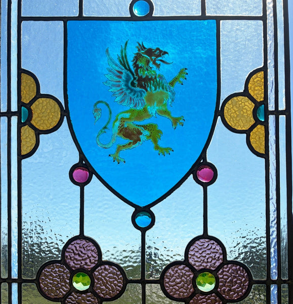 38" Tall Antique French Stained/Leaded Glass Panel w/Griffin and Uranium Glass