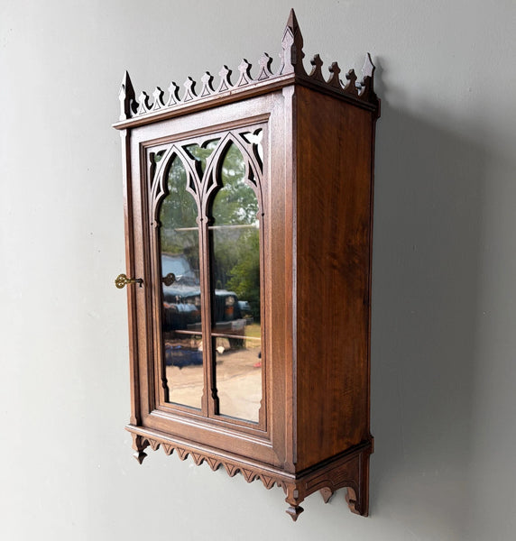 French Antique Gothic Revival Solid Oak and Walnut Wood Bar or Wall Cabinet