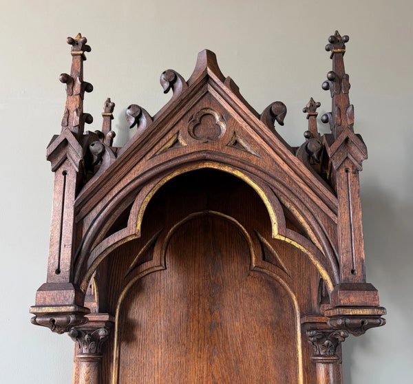 57" Tall French Antique Neo Gothic Solid Oak Highly Carved Wall Niche/Shrine