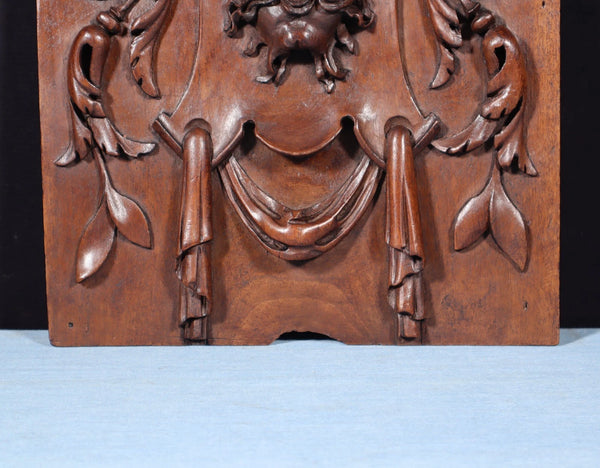 15" Tall Antique French Solid Walnut Wood Panel with Highly Carved Devil/Face