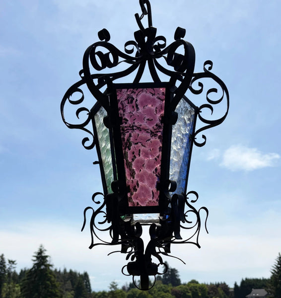 25" Tall French Antique Iron and Stained Glass Hanging Chandelier/Pendant Lamp