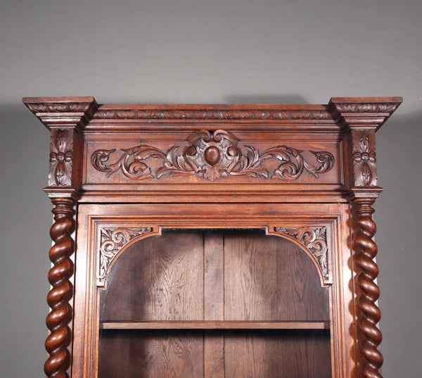 88" Tall French Antique Solid Oak Wood Bookcase/Display Case/Cabinet Carved