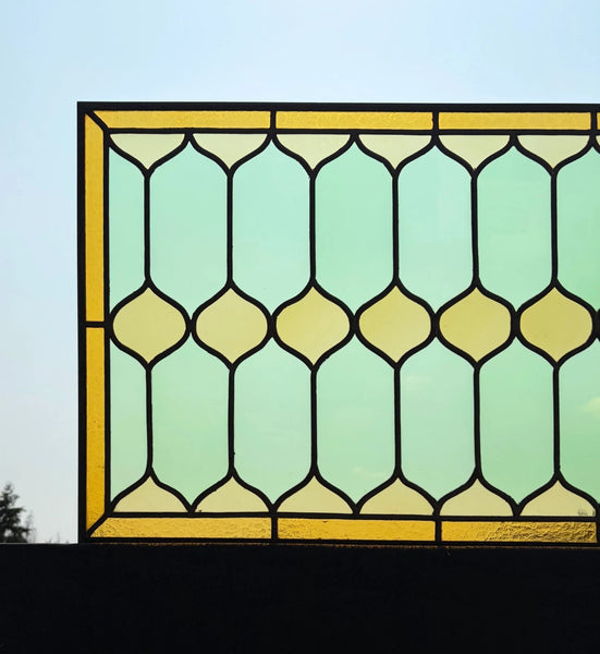 45" Wide French Antique Stained Glass Window Panel with Green & Yellow Glass
