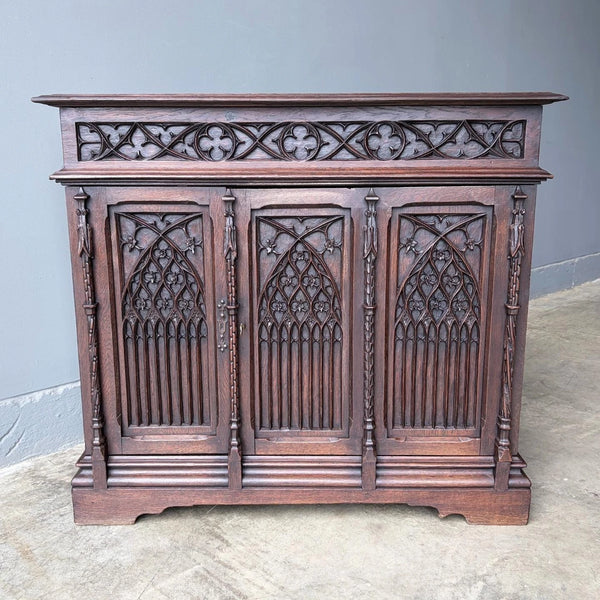 Antique French Gothic Revival Cabinet/Console/Sideboard, Highly Carved Oak