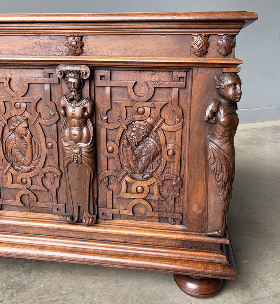 Antique French Renaissance Chest/Trunk/Sideboard Solid Walnut Detailed Carvings