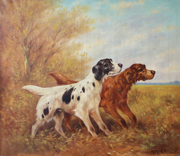 28" Wide Antique Oil Painting of Two Hunting Dogs By Paul Schouten (1860-1922)