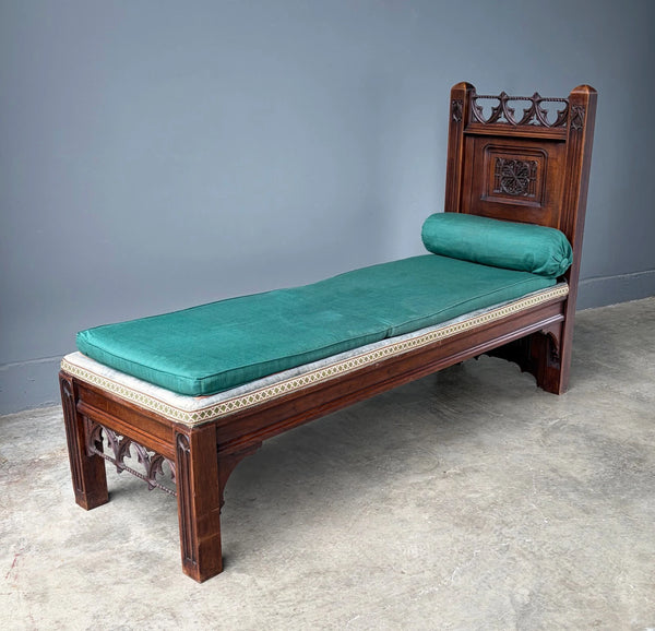 74" Long French Antique Neo Gothic Day Bed Solid Walnut with Green Silk Cushions