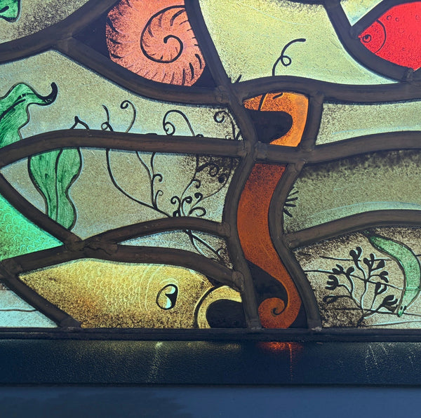 Vintage Dutch Stained/Leaded Glass Panel by Lea Steppe Sea Life Themed
