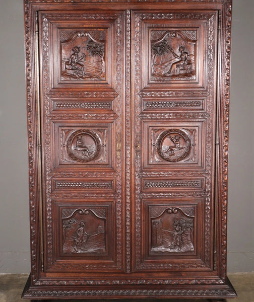 91" Tall French Antique Breton Armoire/Cabinet in Solid Chestnut Highly Carved